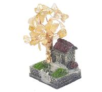 mookaitedecor 11cm Natural Citrine Crystal Tree House Rural Yard Ornament Micro Landscape Decoration Scenery Good Luck Yellow Room Decor, Healing Crystal Reiki Gift Oriental Ornament