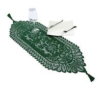 mookaitedecor 13x35 Inch Green Lace Table Runner for Wedding Festival Party Christmas Table Centrepiece Home Desk Decor, Vintage Elegant Floral Small Coffee Dressing Table Runner with Tassels