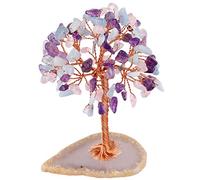 mookaitedecor Amethyst Aquamarine Rose Quartz Tumbled Stones Money Tree,Gemstone Feng Shui Ornaments Healing Crystal Tree Figurines,Agate Slice Geode Quartz Stand
