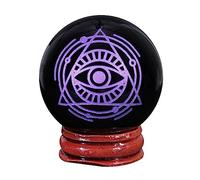 mookaitedecor Engraved Eye of Life Symbol Black Obsidian Crystal Ball Sphere Ornament with Wooden Stand, Healing Crystal Stone Wiccan Witchcraft Gifts Reiki Spiritual Room Desk Decor(Purple)