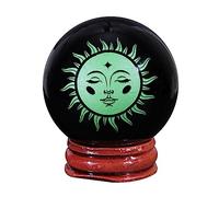 mookaitedecor Engraved Symbol Black Obsidian Sphere with Wooden Stand | Healing Engraved God of Sun Symbol Crystal Ball, Sacred Geometry Spiritual Stone, for Divination Meditation, Green