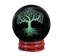 mookaitedecor Engraved Tree of Life Symbol Black Obsidian Crystal Ball Sphere Ornament with Wooden Stand, Healing Crystal Stone Wiccan Witchcraft Gifts Reiki Spiritual Room Desk Decor(Green)