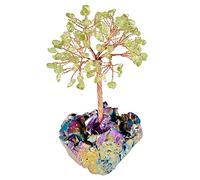 mookaitedecor Green Peridot Crystal Money Tree with Titanium Rainbow Aura Quartz Crystal Cluster Base Colourful Room Decor, Bonsai Crystal Tree of Life Ornament Reiki Spiritual Good Luck Crystal Gift