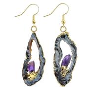 mookaitedecor Natural Agate Geode Druzy Quartz Dangle Drop Earrings for Women Healing Crystal Boho Jewellery Gift, Bohemian Boho Fancy Amethyst Earrings Dangly Black Semi Precious Stone Earrings