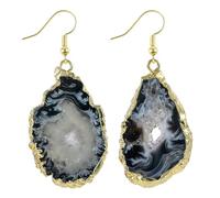 mookaitedecor Natural Agate Geode Druzy Quartz Dangle Drop Earrings for Women Healing Crystal Boho Jewellery Gift, Bohemian Boho Fancy Gold Plated Earrings Dangly Black Semi Precious Stone Earrings