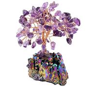 mookaitedecor Natural Amethyst Crystal Money Tree,Gemstone Feng Shui Ornaments Tree of Life Figurines,Titanium Coated Rainbow Stone Cluster Base