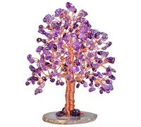 mookaitedecor Natural Amethyst Tumbled Stone Money Tree, Gemstone Feng Shui Ornaments Healing Crystal Tree of Life Gift Purple Bedroom Living Room Accessories Good Luck Decoration, Agate Slice Stand