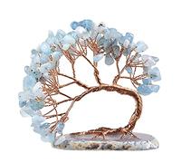 mookaitedecor Natural Aquamarine Crystal Money Tree Agate Slice Base Feng Shui Bonsai Crystal Tree for Wealth Luck Desk Decor, 3-4 Inch High
