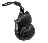 mookaitedecor Natural Black Obsidian Fox Pendant Necklace Lucky Charm for Women Men, Healing Crystal Semi Precious Stone Amulet Necklace for Protection Spiritual Jewellery Gifts