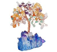 mookaitedecor Natural Chakra Crystal Money Tree with Blue Titanium Quartz Crystal Base, Gemstone Feng Shui Ornaments Small Bonsai Tree Chakra Tree of Life Blue Ornament Good Luck Healing Crystal Gift