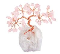 mookaitedecor Natural Rose Quartz Crystal Bonsai Money Tree Ornament, Healing Crystal Gift, Clear Quartz Crystal Cluster Base Tree of Life Feng Shui Ornament for Home Office Lucky Stone Tree