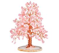 mookaitedecor Natural Rose Quartz Tumbled Stone Money Tree, Gemstone Feng Shui Ornament Healing Crystal Tree of Life Gift Pink Bedroom Living Room Accessories Good Luck Decoration, Agate Slice Stand