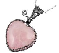 mookaitedecor Pink Rose Quartz Healing Crystal Heart Pendant Necklace for Women Mum Wife, Boho Style Fancy Wire Wrapped Reiki Chakra Tumbled Stone Necklace Quartz Jewellery Mother's Day Crystal Gift