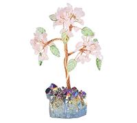 mookaitedecor Rose Quartz Crystal Tree of Life with Rainbow Titanium Quartz Crystal Base Feng Shui Ornament Good Luck Crystal Colourful Room Decor, Gemstone Bonsai Money Tree Rainbow Aura Quartz Gift