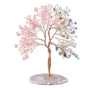 mookaitedecor Rose Quartz & Fluorite Crystal Tree of Life Healing Crystal Money Tree with Agate Slice Base, Crystal Bonsai Tree Good Luck Crystal Gift for Women Feng Shui Ornament Wedding Gift