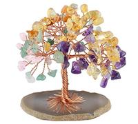 mookaitedecor Small Natural Chakra Crystal Money Tree Good Luck Desk Decoration, Healing Crystal Amethyst Citrine Bonsai Tree Gift, Agate Slice Geode Quartz Stand Stone Tree Feng Shui Ornament