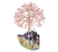 mookaitedecor Strawberry Quartz Crystal Money Tree with Titanium Rainbow Aura Quartz Crystal Base Colourful Room Decor, Bonsai Crystal Tree of Life Ornament Reiki Spiritual Good Luck Crystal Gift