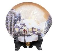 mookaitedecor Winter Snowy Village Art Print Natural Agate Slice Stone Ornament with Wooden Stand for Good Luck Home Office Decor, Healing Crystal Housewarming Gift Christmas Art Deco Decoration