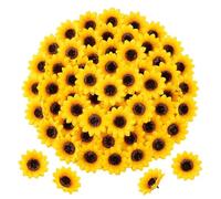 Mookblank 30/50pcs 1.8inch Artificial Silk Yellow Sunflower Heads, Faux Plastic Floral Small Sun Flower Heads DIY Decorations for Home Wedding Kitchen Party Cupcakes (50pcs)