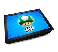 mooki Deluxe Cushioned Lap Tray | 1UP Extra Life Mushroom Super Mario Bros | Wooden Frame | Bean Bag Cushion Base | #LA, Black, 42cm x 32cm x 6cm, (LTY#LA)