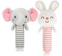 MOOKLIN ROAM Baby Rattles Baby Toy, Pack of 2 Grasping Toys for Rattling, Playing and Making Sounds, Sensory Toy with Soft Handles for Babies Toddlers from 3+ Months (Rabbit, Elephant)