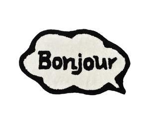 Mooky Mats Bonjour Slogan Bath Mat Non Slip 50 x 80cm - Super Soft, Absorbent & Quick Drying Speech Bubble Bathroom Rug (Black/Cream)