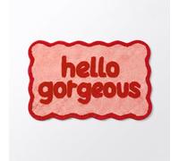 Mooky Mats Hello Gorgeous Scalloped Bath Mat Non Slip 50 x 80cm - 1700GSM Plush 100% Polyester, Super Soft & Absorbent, Machine Washable Slogan Scallop Bathroom Mat, Pink & Red