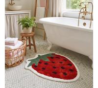 Mooky Mats Strawberry Bath Mat Rug 60 x 80cm - Novelty Strawberry Shaped Bathroom Mat, Soft Absorbent Polyester, Non-Slip Backing, Machine Washable, Cute Fruit Decor