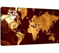 MOOL 32 x 22-Inch Large "Anteak World Map" Hand Stretched on a Wooden Frame with Giclee Waterproof Varnish Finish Ready to Hang Canvas Wall Art Print, Brown