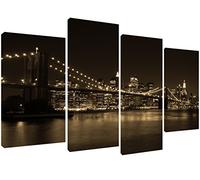 MOOL 51 x 28-Inch Large 4-Piece "Stunning subtle night skyline of Manhattans famous Brooklyn Bridge in Sepia" Panel Canvas Print Ready to Hang