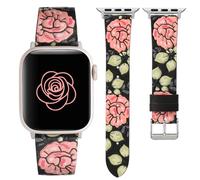 Moolia Floral Leather Band Compatible with Apple Watch Band 42/41/40/38mm Women, Cute Romantic Vintage Rose Pattern Strap for iWatch Ultra Series 10/9/8/7/6/5/4/3/2/1/SE, Coral Olive Garden