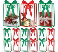 Mooliwe 24 Pcs Christmas Clear Gift Bags with Handles 10.2 x 7.08 x 3.15 in Christmas Plastic Treat Bags with Ribbons Reusable Goodie Gift Wrap Bag for Xmas Parties, Birthday, Wedding Supplies