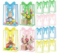 Mooliwe 24 Pcs Easter Clear Gift Bags with Handles 10.2 x 7.08 x 3.15 in Easter Plastic Treat Bags with Ribbons Reusable Goodie Gift Wrap Bag for Spring Birthday Holiday Party Supplies