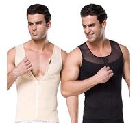 Moollyfox 2 x men's vests, shapewear, workout tank tops, body shaper, sports, stomach slimming shirt, undershirt, fine rib body shape compression shirt, muscle shirt, slimming, Black and beige, M