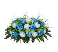 MOOMASS Cemetery Headstone Flower Saddle - Artificial Cemetery Flowers Rose, Grave Decoration,Non-Bleed Colors, and Easy Fit (Light Blue+White, Saddle)