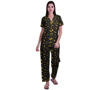 Moomaya Notch Collar Button Down Printed Cotton Pajama Set for Women Nightwear
