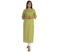 Moomaya Printed Indian Ethnic Kurti For Women Mandarin Collar Long Straight Kurta With Pockets Lime