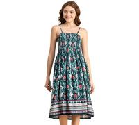 Moomaya Women’s Printed Smocked Viscose Dress, Knee Length, Spaghetti Strap Midi Dress Green