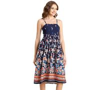 Moomaya Women’s Printed Smocked Viscose Dress, Knee Length, Spaghetti Strap Midi Dress Navy Blue