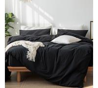 MOOMEE Bedding Duvet Cover Set 100% Washed Cotton Linen Like Textured Breathable Durable Soft Comfy (Black, Queen)