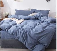 MOOMEE Bedding Duvet Cover Set 100% Washed Cotton Linen Like Textured Breathable Durable Soft Comfy (Blue, Queen)