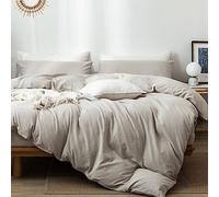 MooMee Bedding Duvet Cover Set 100% Washed Cotton Linen Like Textured Breathable Durable Soft Comfy (Cream Grey, King)