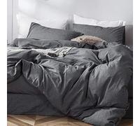 MOOMEE Bedding Duvet Cover Set 100% Washed Cotton Linen Like Textured Breathable Durable Soft Comfy (Dark Grey, Queen)