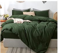 MOOMEE Bedding Duvet Cover Set 100% Washed Cotton Linen Like Textured Breathable Durable Soft Comfy (Forest Green, Full)