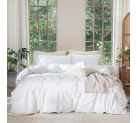 MOOMEE Bedding Duvet Cover Set 100% Washed Cotton Linen Like Textured Breathable Durable Soft Comfy (Solid Bright White, King 104"x90")