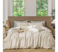 MooMee Gingham Duvet Cover Set 100% Washed Cotton Linen Like Textured Breathable Durable Soft Comfy Modern Checkered Design (Almond Milk Grey Gingham, Cal King 104"x98")