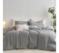 MooMee Striped Duvet Cover Set 100% Washed Cotton Linen Like Textured Breathable Durable Soft Comfy (Dark Grey White Wide Stripes, Queen 90"x90")