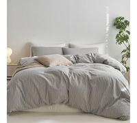 MooMee Striped Duvet Cover Set 100% Washed Cotton Linen Like Textured Breathable Durable Soft Comfy (Light Grey White Wide Stripes, King 104"x90")