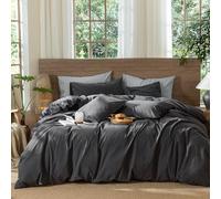 MooMee Wavy Striped Duvet Cover Set 100% Washed Cotton Linen Like Textured Breathable Durable Soft Comfy (Charocal Grey, Super Queen 90"x98")