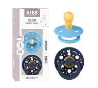 Moomin x BIBS Colour Dummy, 0-6 mo., 2-Pack, Good Night Breeze/Deep Space | Round Natural Rubber Teat | Size 1 | BPA-Free | Made in Denmark | High Teat Acceptance | Airflow Holes | Comfort Shield